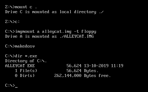 mount c . ; c: ; imgmount a alleycat.img -t floppy ; makedosv ; dir *.exe