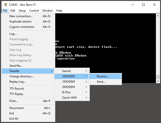 Tera Term upload/download menu